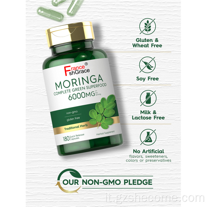 Moringa oleifera Completa capsule di foglie di Moringa senza glutine